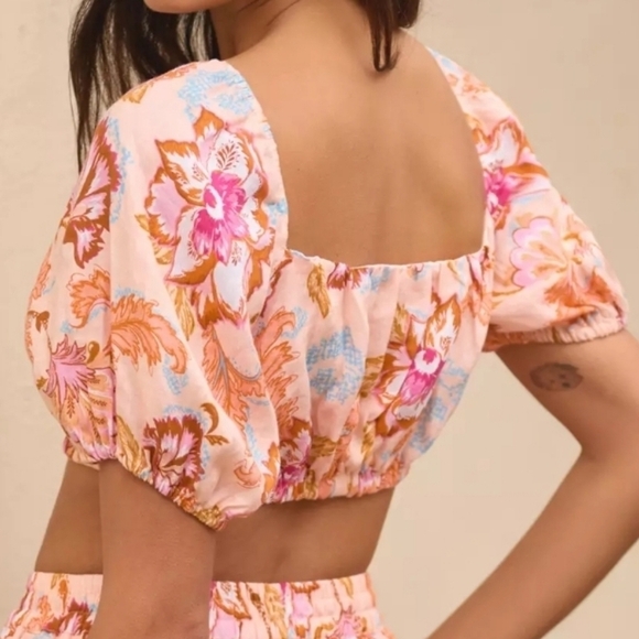 Seafolly Puff Sleeve Linen Crop Top in Peach Floral Size Large NWT - Picture 6 of 9